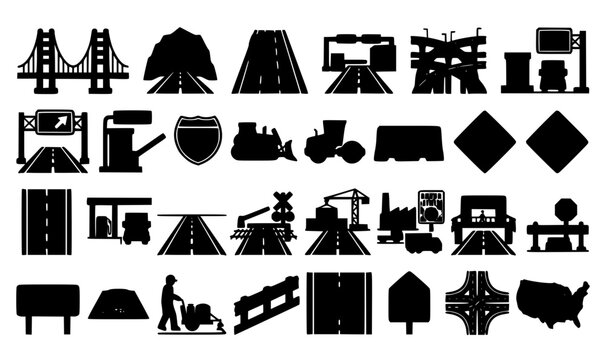 Highway infrastructure and logistics thin line icons set with bold geometric commercial transport vector graphics