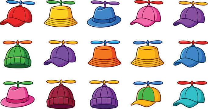 Propeller hat vector set, colorful beanie and baseball cap with helicopter propeller spinning cartoon illustration