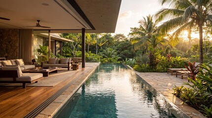 Fototapeta premium Luxury villa with infinity pool and open living area overlooking tropical jungle at sunset