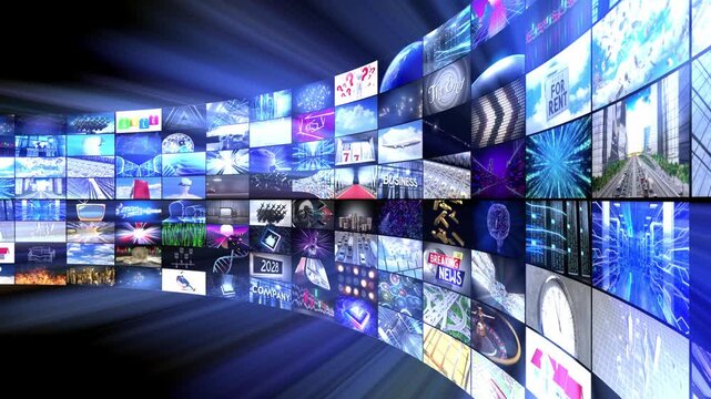 Streaming Media Wall Content Playing Video Content with Light Rays - 3d 4k animation (3840 x 2160 px)