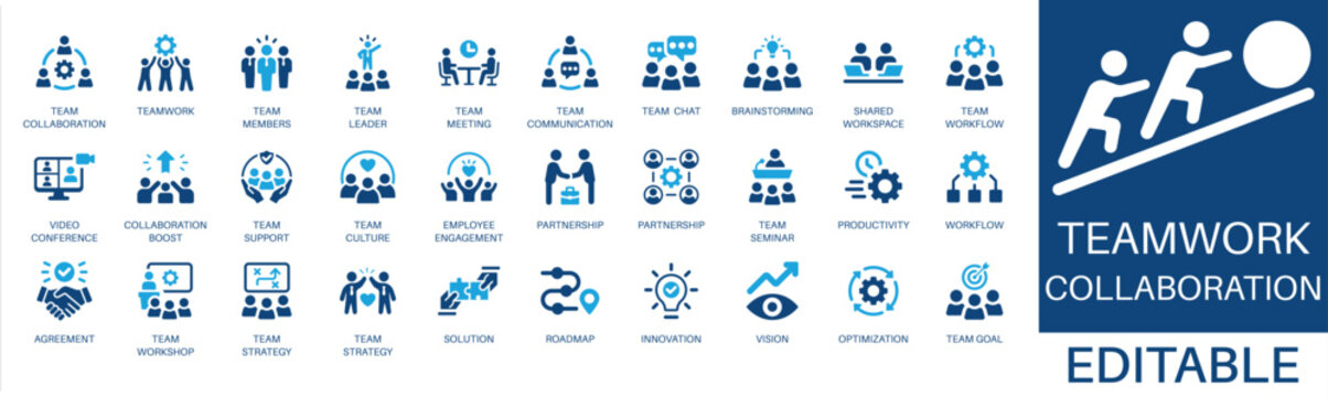 Teamwork and collaboration solid icon set. Featuring partnership, team vision, team leader, roadmap, Team Workflow, brainstorming, and productivity. Editable vector icon for Team Strategy and synergy.