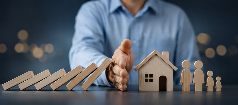 Man's hand stopping falling dominoes protecting family and house symbols during concept