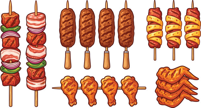 Grilled BBQ meat skewers vector set, shish kebab, lula kebab, chicken wings and drumsticks illustration