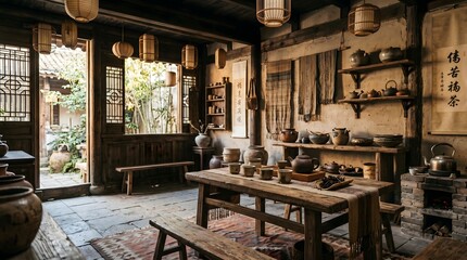 Fototapeta premium Traditional Ancient Chinese Tea Room with Wooden Furniture and Teaware