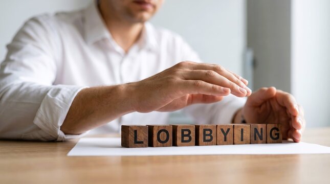 A professional man in a white shirt arranges wooden blocks spelling the word lobbying carefully today.