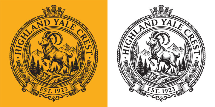 Traditional thistle-crowned ibex crest for Highland Yale Crest
