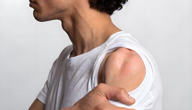 ⁠Dislocated shoulder joint external appearance showing asymmetrical profile on male patient torso. Clinical anterior shoulder dislocation examination background.⁠