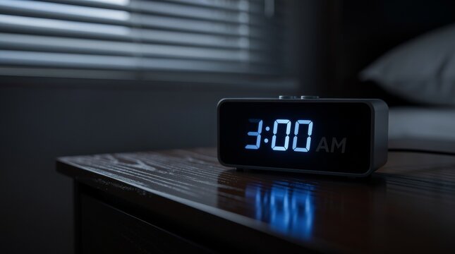 Digital alarm clock displaying 3 00 AM on a wooden table