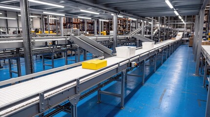 Fototapeta premium A modern warehouse interior with a long conveyor belt. Boxes are placed on the belt, and shelves filled with goods are visible in the background.