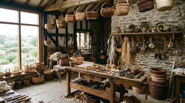 Rustic Artisan Workshop Interior With Traditional Handcrafted Wicker Baskets