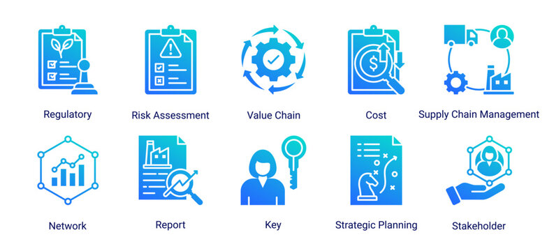 Competitive Strategy icon set featuring competitor evaluation,strategic analysis,benchmarking,competitive advantage,and business performance assessment.