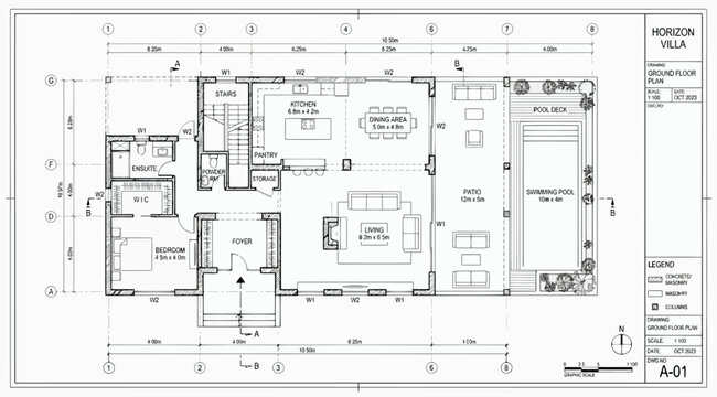 Detailed architectural floor plan for horizon villa featuring a swimming pool and deck
