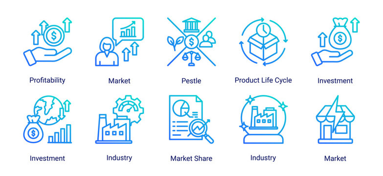 Competitive Strategy icon set featuring competitor evaluation,strategic analysis,benchmarking,competitive advantage,and business performance assessment.