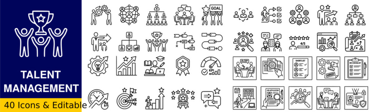 Talent Management Web Icons in Line Style. Recruitment, Hiring, HR, Employee Development, Performance, Leadership, Workforce Planning Collection. Editable Stroke. Vector.