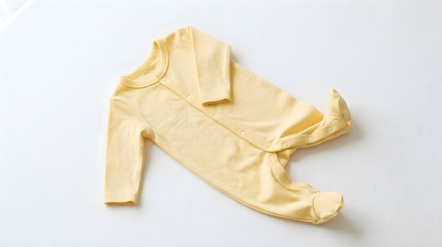 Soft pale yellow baby sleepsuit and newborn onesie bodysuit lying flat on a clean white background