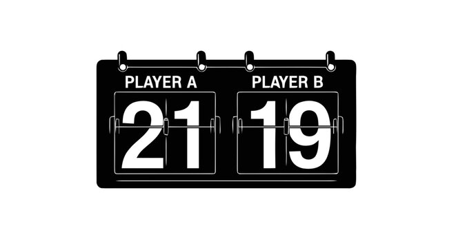 Vector illustration of flip scoreboard showing a score of 21 to 19 for player a and player b on a transparent background