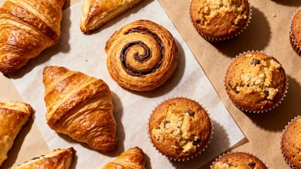 Fotobehang Bakkerij Top-down view of assorted pastries on parchment paper  © Urban Taste Media