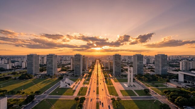 An aerial wide view of the Monumental Axis in Brasilia during a dramatic golden sunset, showcasing the symmetrical urban layout, government buildings, and modern architecture.