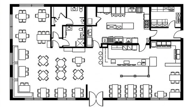 Restaurant floor plan CAD drawing with commercial kitchen dining area and bar counter
