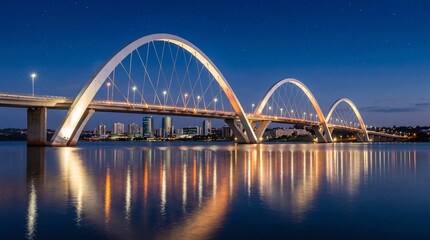 Fototapeta premium A stunning night view of the Juscelino Kubitschek Bridge in Brasilia, featuring illuminated asymmetrical arches reflecting on the calm lake water against a starry blue sky.