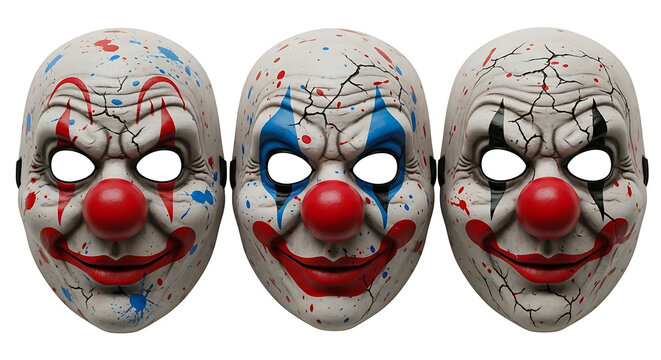 Three clown masks with red noses