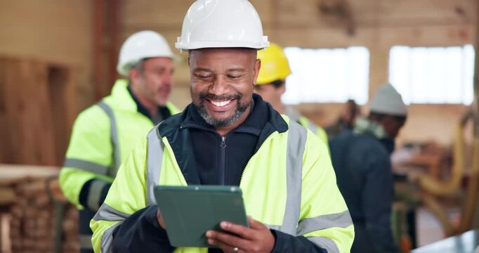 Civil engineer, walk and happy man with tablet in building, inspection or property management on web. Architect, safety check and mature person with tech for construction update, typing and research