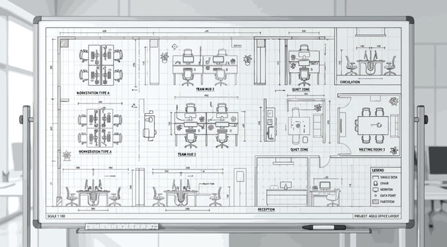 Minimalist office workspace planning board with architectural floor plan sketches and furniture layouts