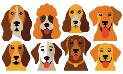 Obraz premium Vibrant collection of eight stylized dog portraits featuring various breeds with colorful flat vector art designs on white background