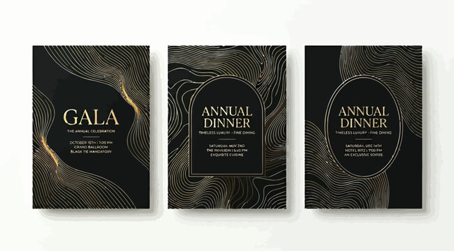 Luxury gala and annual dinner invitation card templates with golden abstract topographic lines