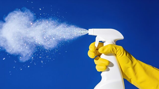 A hand wearing a yellow glove holds a spray bottle, releasing a fine mist against a clear blue background. The scene emphasizes cleaning and hygiene.