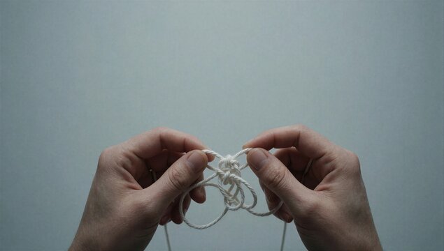 Hands untying a complex white knot, representing problem solving and conflict resolution concept