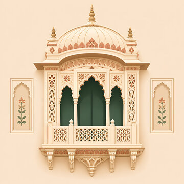 Rajasthani palace window, modern minimal vector illustration, simplified jharokha design
