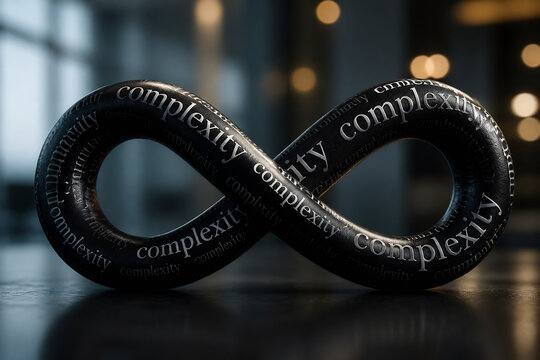 A black infinity symbol with the word complexity inscribed on it, set against a blurred background.
