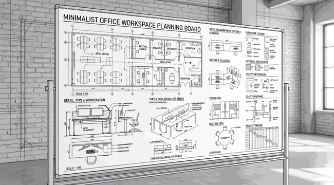Minimalist office workspace planning board with architectural floor plan sketches and furniture layouts