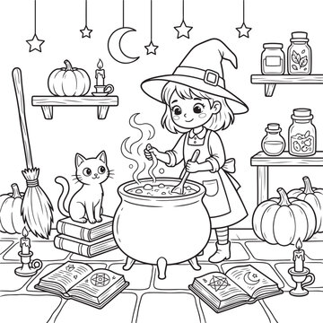 Witch stirring a cauldron with a cat and spell books black and white vector illustration