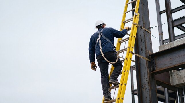 A man climbs a yellow ladder at a construction site. He wears a safety helmet and harness. The background shows a steel structure under construction.