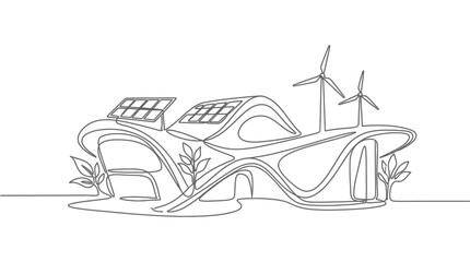 Futuristic eco-friendly building with solar panels and wind turbines © warjok