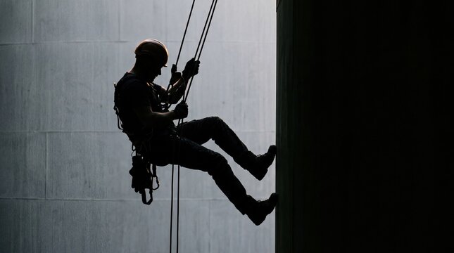 A silhouette of a male climber rappelling down a vertical surface. The scene captures the essence of rock climbing and adventure sports.