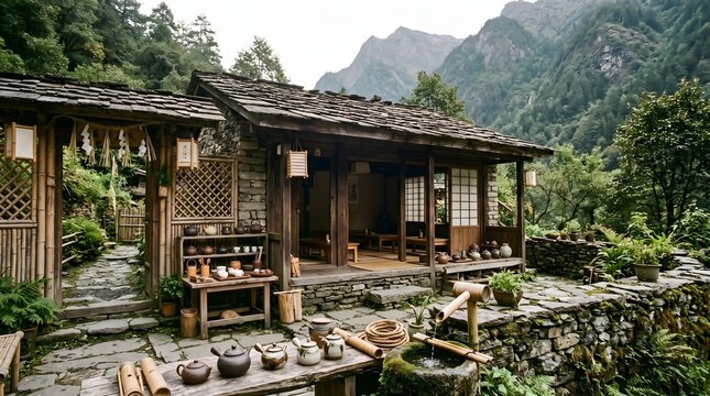 Traditional wooden tea house nestled in lush green mountain landscape