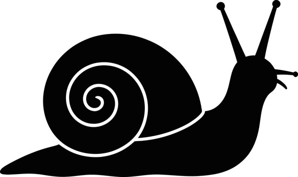 Black snail silhouette with spiral shell and antennae moving slowly