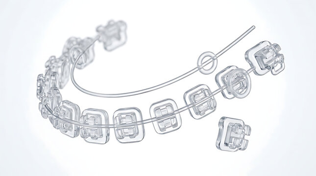 Perspective View of Orthodontic Archwire and Brackets System for Teeth Straightening, Modern Dental Alignment Technology Diagram for Professional Orthodontic Clinics and Education