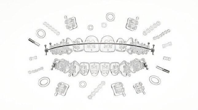 Technical Illustration of Dental Braces with Archwire and Brackets on Upper and Lower Jaw for Orthodontic Treatment Alignment Visualization and Patient Consultation Education