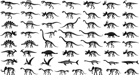Dinosaur skeleton silhouette vector icons set with t-rex stegosaurus sauropod marine reptiles and ancient animal fossil elements © MD