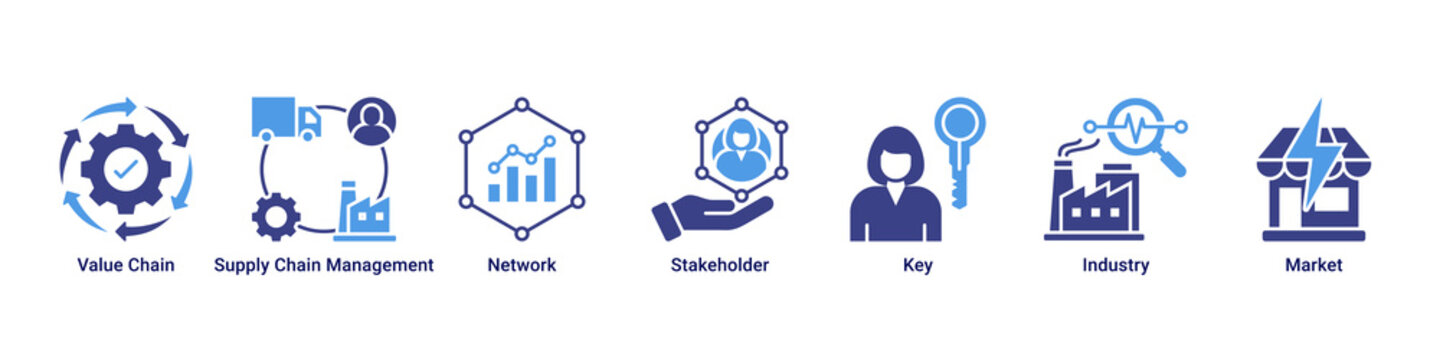 Value Network web banner icon vector illustration with icons of Value Chain, Supply Chain Management, Network, Stakeholder, Key, Industry and Market