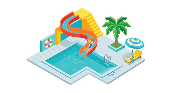 Isometric swimming pool scene with red waterslide palm tree and lounge chair illustration aquatic
