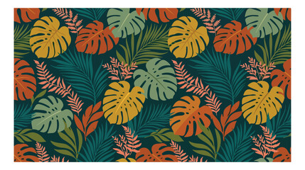 Tropical foliage seamless pattern, vibrant jungle leaf vector background. Exotic botanical print, lush green and orange monstera leaves, palm fronds, and ferns for textile design, wallpaper © Abida