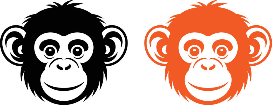 Monkey faces in black and orange colors on white background