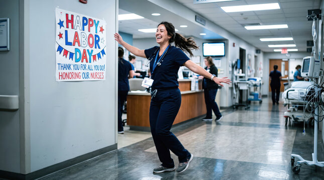 Joyful nurse celebrating labor day in hospital hallway