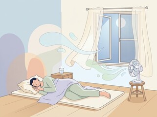 Obraz premium A person resting on a floor mattress at night with an electric fan on a wooden stool providing a cool breeze near an open window with curtains