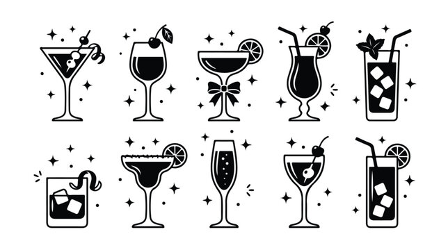 Elegant cocktail glass icon set, 10 black and white vector illustrations of classic alcoholic drinks, perfect for bar menus and party invitations